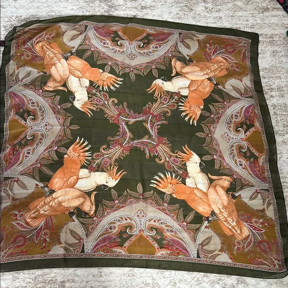 Gim Renoir Exotic Bird Print Scarf 34”x34” made in Italy